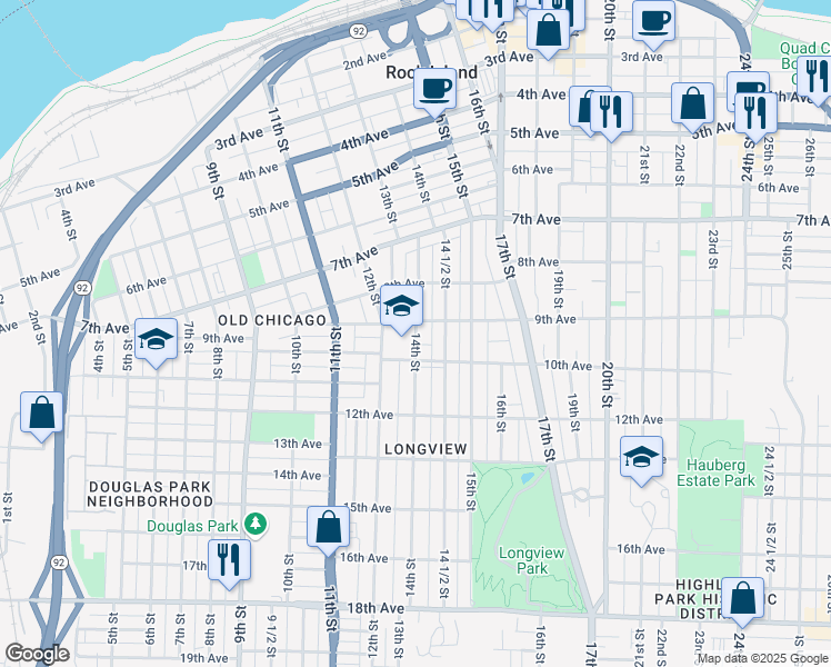 map of restaurants, bars, coffee shops, grocery stores, and more near 930 14th Street in Rock Island