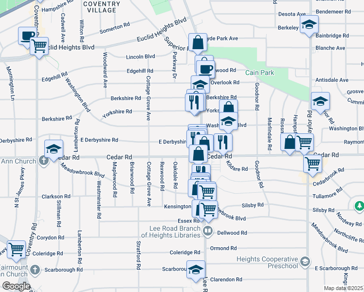 map of restaurants, bars, coffee shops, grocery stores, and more near 3150 East Derbyshire Road in Cleveland Heights