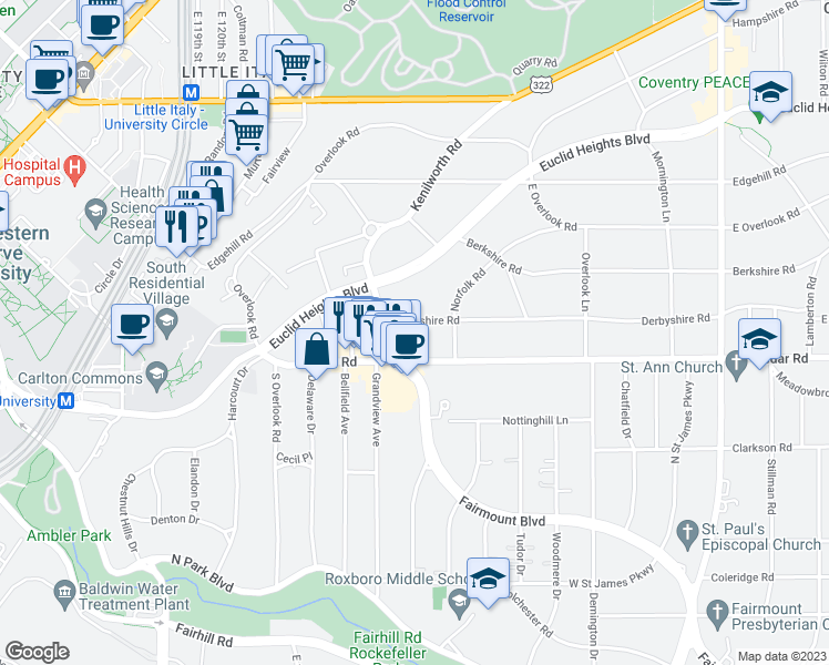 map of restaurants, bars, coffee shops, grocery stores, and more near 2476 Derbyshire Road in Cleveland