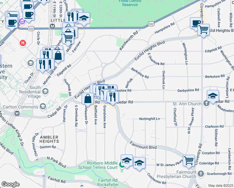 map of restaurants, bars, coffee shops, grocery stores, and more near 2500 Derbyshire Road in Cleveland Heights