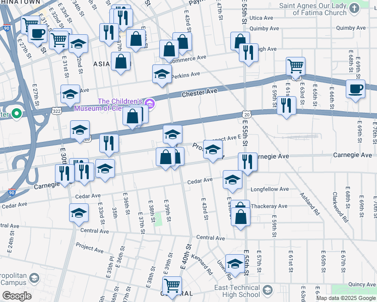 map of restaurants, bars, coffee shops, grocery stores, and more near 4208 Prospect Avenue East in Cleveland