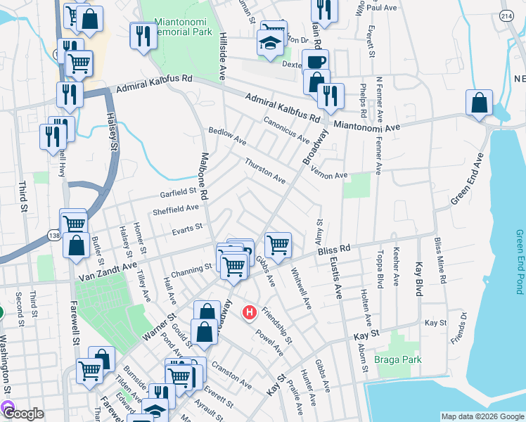 map of restaurants, bars, coffee shops, grocery stores, and more near 4 Greene Lane in Newport