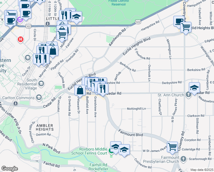 map of restaurants, bars, coffee shops, grocery stores, and more near 2500 Derbyshire Road in Cleveland Heights