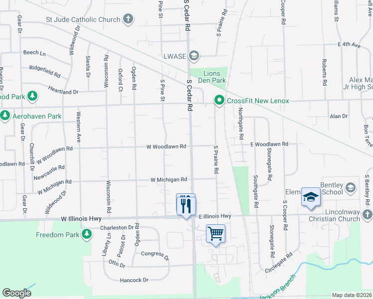 map of restaurants, bars, coffee shops, grocery stores, and more near 809 South Cedar Road in New Lenox