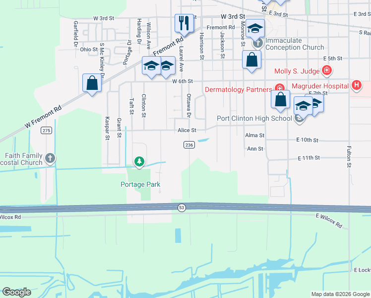 map of restaurants, bars, coffee shops, grocery stores, and more near 1008 Ottawa Drive in Port Clinton