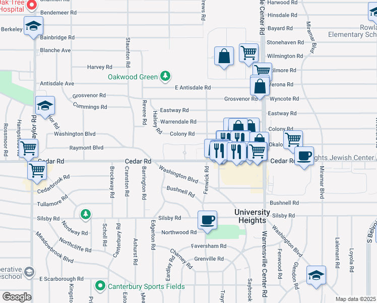 map of restaurants, bars, coffee shops, grocery stores, and more near 13805 Cedar Road in South Euclid