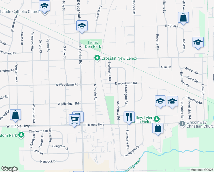 map of restaurants, bars, coffee shops, grocery stores, and more near 202 East Woodlawn Road in New Lenox