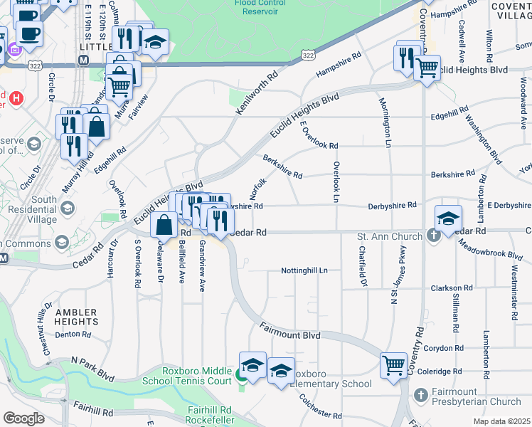 map of restaurants, bars, coffee shops, grocery stores, and more near 2534 Derbyshire Rd in Cleveland Heights