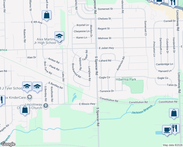 map of restaurants, bars, coffee shops, grocery stores, and more near 762 Longlane Road in New Lenox