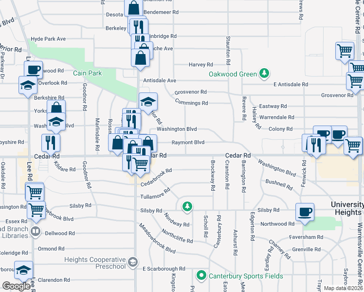 map of restaurants, bars, coffee shops, grocery stores, and more near 3562 Raymont Boulevard in University Heights