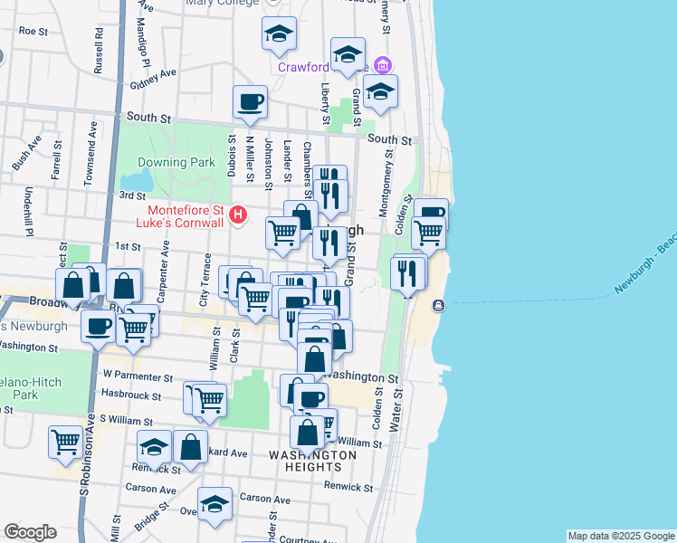 map of restaurants, bars, coffee shops, grocery stores, and more near 109 1st Street in Newburgh