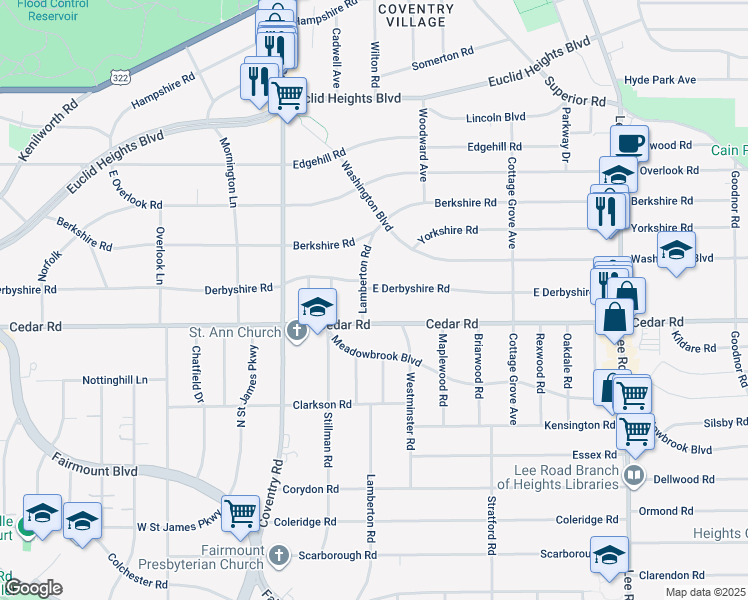 map of restaurants, bars, coffee shops, grocery stores, and more near 2121 Lamberton Road in Cleveland Heights