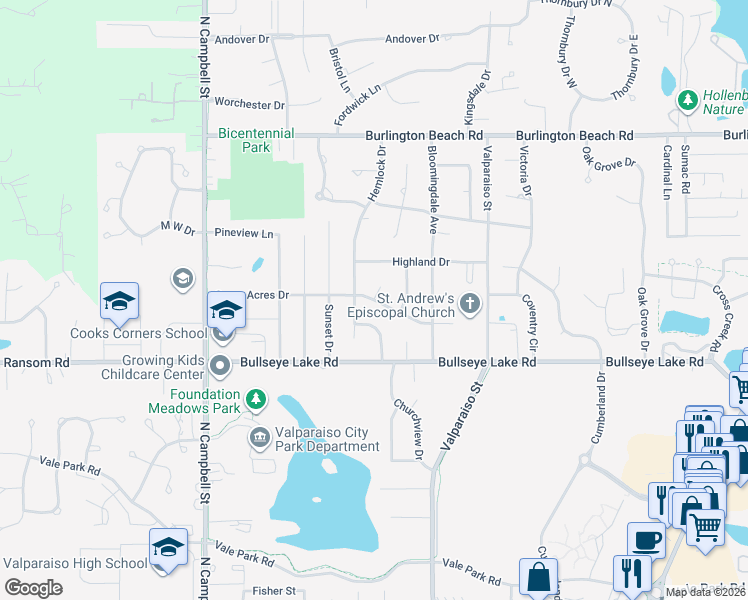 map of restaurants, bars, coffee shops, grocery stores, and more near 201 Green Acres Drive in Valparaiso