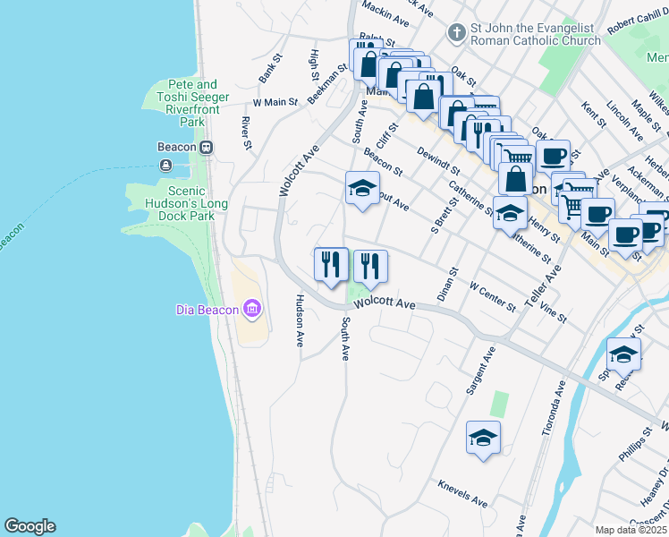 map of restaurants, bars, coffee shops, grocery stores, and more near 71 South Avenue in Beacon