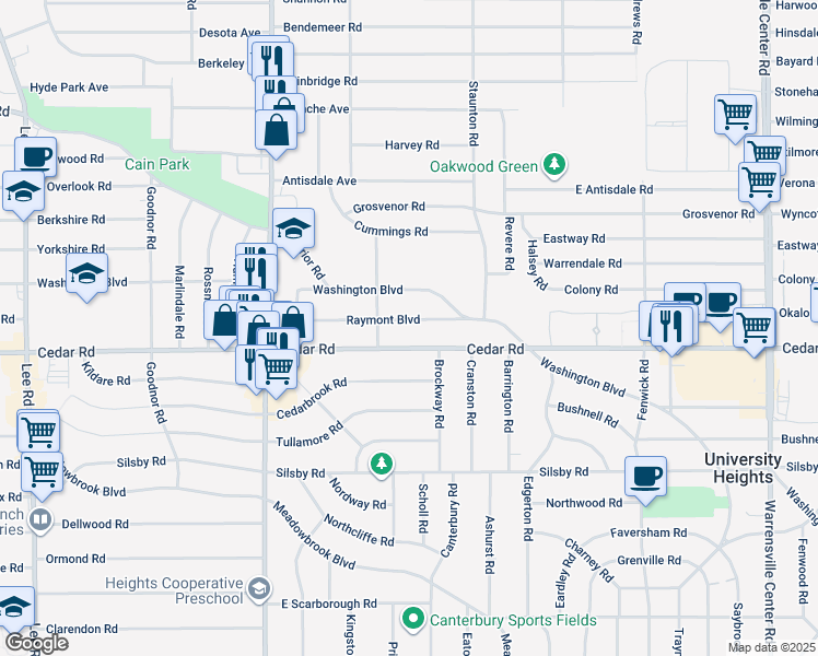 map of restaurants, bars, coffee shops, grocery stores, and more near 3606 Raymont Blvd in University Heights