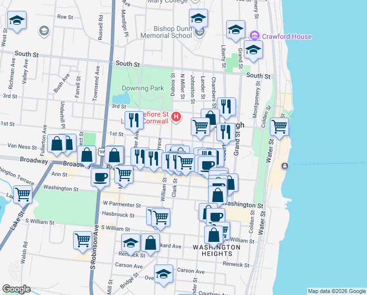 map of restaurants, bars, coffee shops, grocery stores, and more near 48 South Miller Street in Newburgh