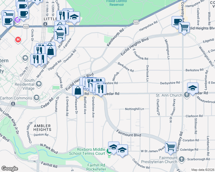 map of restaurants, bars, coffee shops, grocery stores, and more near 2496 Derbyshire Road in Cleveland Heights
