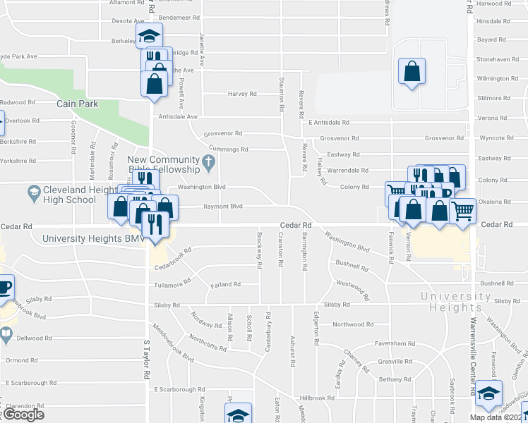 map of restaurants, bars, coffee shops, grocery stores, and more near 3646 Raymont Boulevard in University Heights