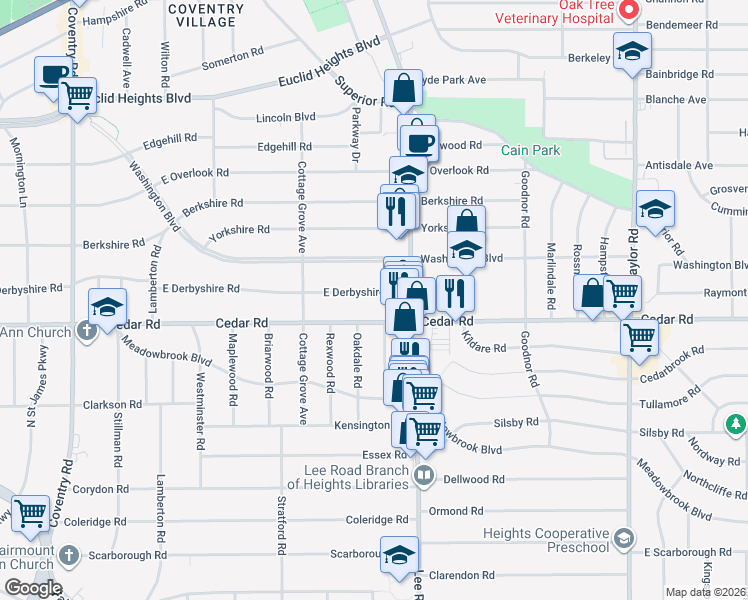 map of restaurants, bars, coffee shops, grocery stores, and more near 3156 East Derbyshire Road in Cleveland Heights