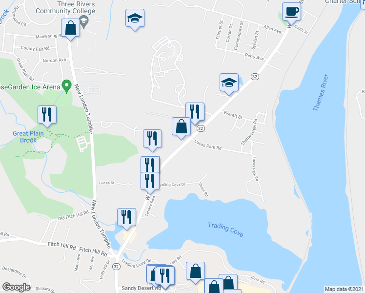 map of restaurants, bars, coffee shops, grocery stores, and more near 656 West Thames Street in Norwich