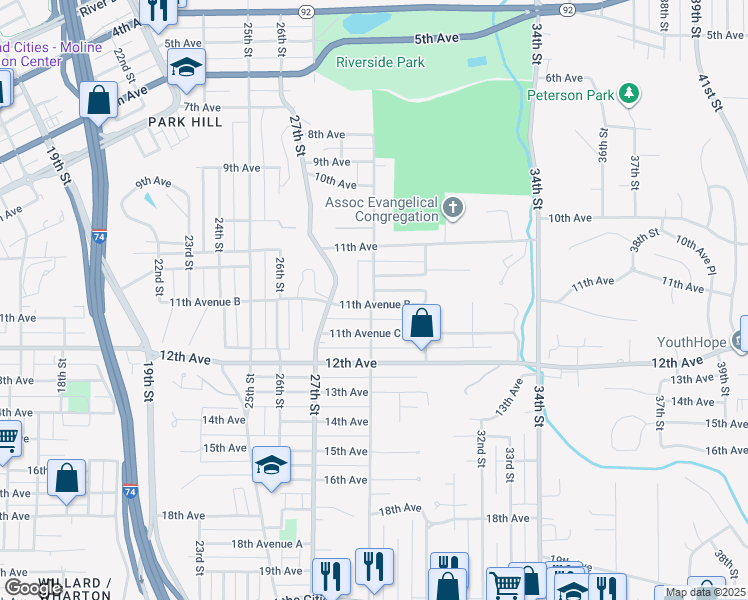 map of restaurants, bars, coffee shops, grocery stores, and more near 1147 29th Street in Moline