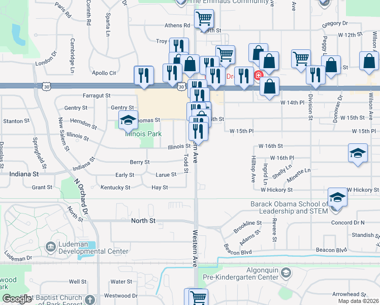 map of restaurants, bars, coffee shops, grocery stores, and more near 327 Todd Street in Park Forest