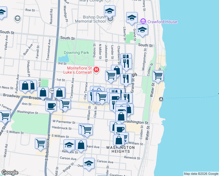 map of restaurants, bars, coffee shops, grocery stores, and more near 48 Lander Street in Newburgh