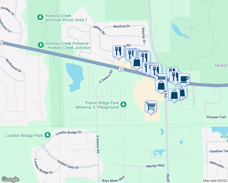 map of restaurants, bars, coffee shops, grocery stores, and more near 21251 Prairie Ridge Drive in Mokena