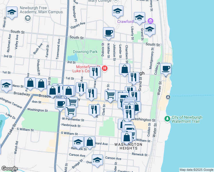 map of restaurants, bars, coffee shops, grocery stores, and more near 47 South Miller Street in Newburgh