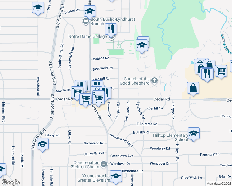 map of restaurants, bars, coffee shops, grocery stores, and more near 2122 Campus Road in Cleveland