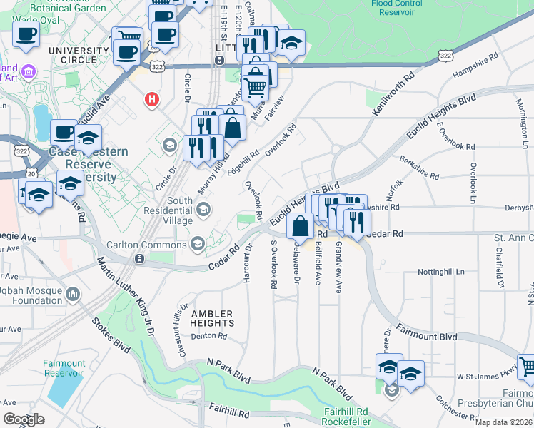 map of restaurants, bars, coffee shops, grocery stores, and more near 2330 Euclid Heights Boulevard in Cleveland