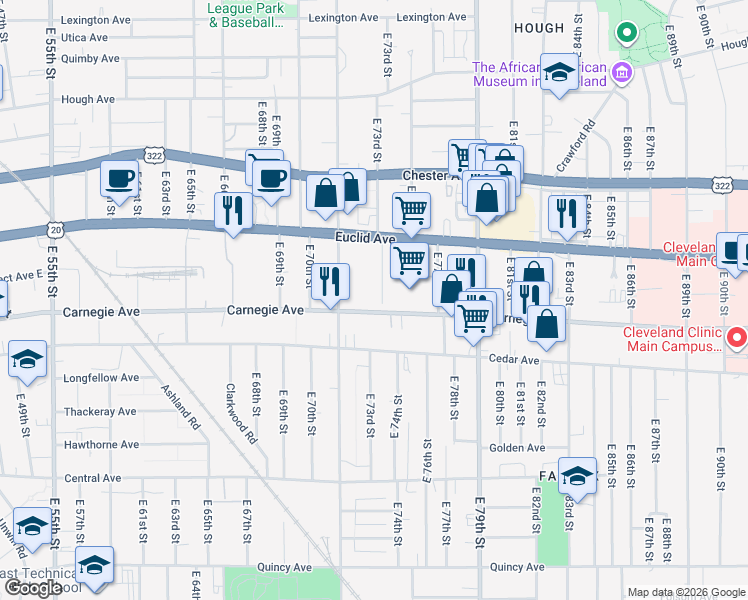 map of restaurants, bars, coffee shops, grocery stores, and more near 7219 Carnegie Avenue in Cleveland