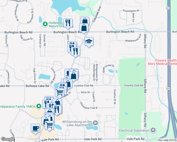 map of restaurants, bars, coffee shops, grocery stores, and more near 1916 Finney Drive in Valparaiso