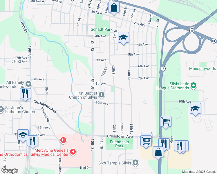 map of restaurants, bars, coffee shops, grocery stores, and more near 1124 8th Avenue in Silvis