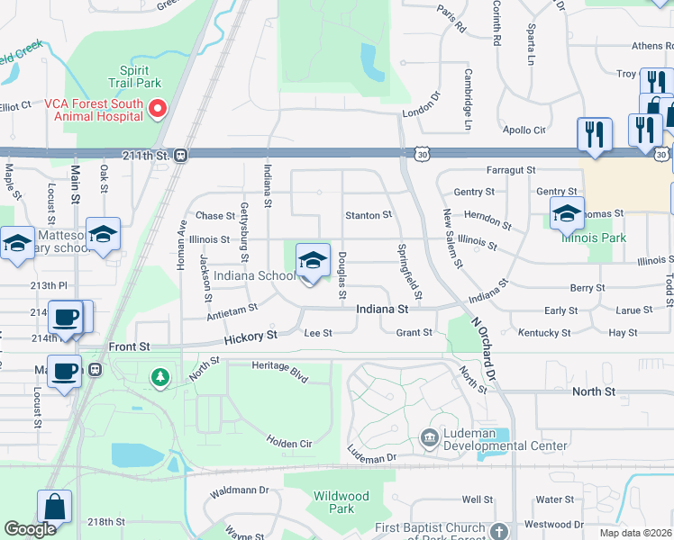 map of restaurants, bars, coffee shops, grocery stores, and more near 314 Douglas Street in Park Forest