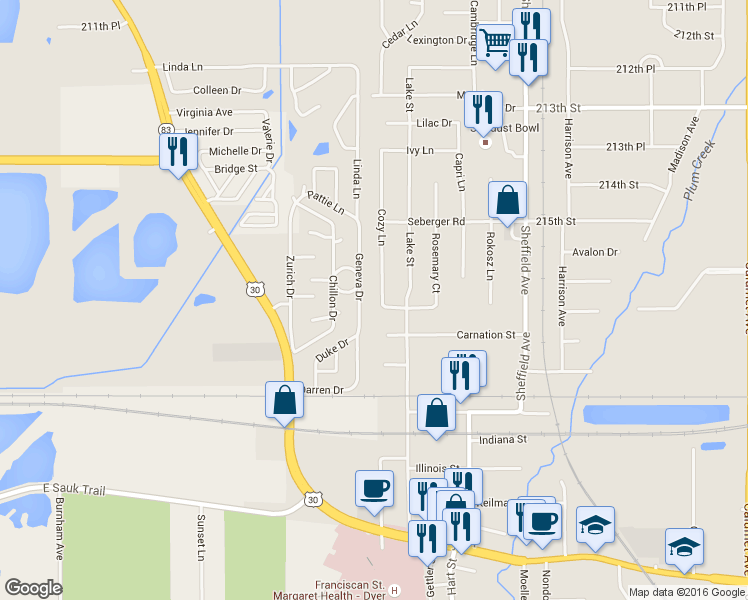 map of restaurants, bars, coffee shops, grocery stores, and more near 1620 Cozy Lane in Dyer
