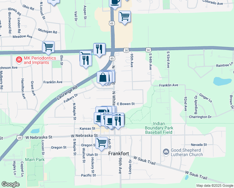 map of restaurants, bars, coffee shops, grocery stores, and more near 125 North White Street in Frankfort