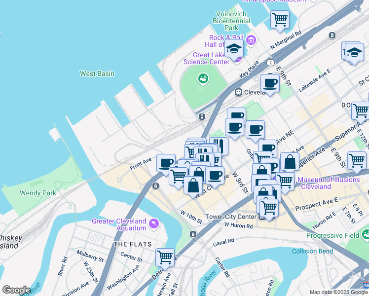 map of restaurants, bars, coffee shops, grocery stores, and more near 1151 West 9th Street in Cleveland