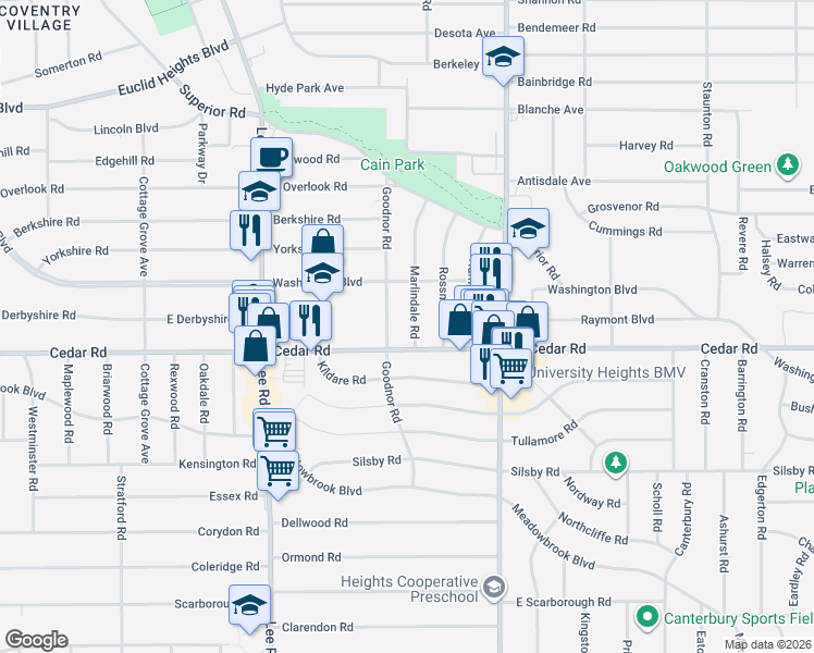 map of restaurants, bars, coffee shops, grocery stores, and more near 2120 Marlindale Rd in Cleveland Heights