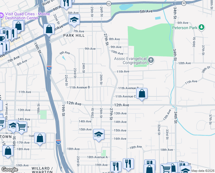 map of restaurants, bars, coffee shops, grocery stores, and more near 1100 26th Street A in Moline