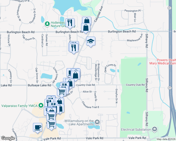 map of restaurants, bars, coffee shops, grocery stores, and more near 1902 Finney Drive in Valparaiso