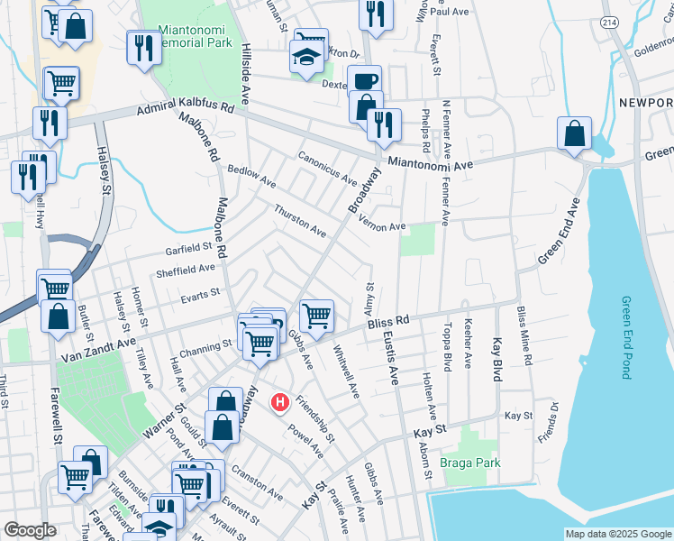 map of restaurants, bars, coffee shops, grocery stores, and more near 437 Broadway in Newport