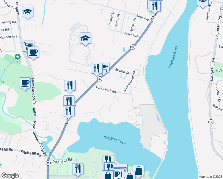 map of restaurants, bars, coffee shops, grocery stores, and more near 26 Lucas Park Road in Norwich