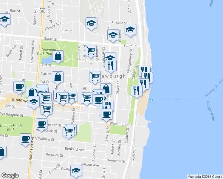map of restaurants, bars, coffee shops, grocery stores, and more near 109 1st Street in Newburgh