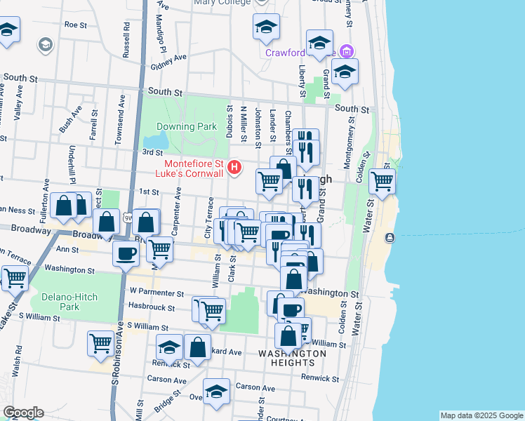 map of restaurants, bars, coffee shops, grocery stores, and more near 52 Johnston Street in Newburgh