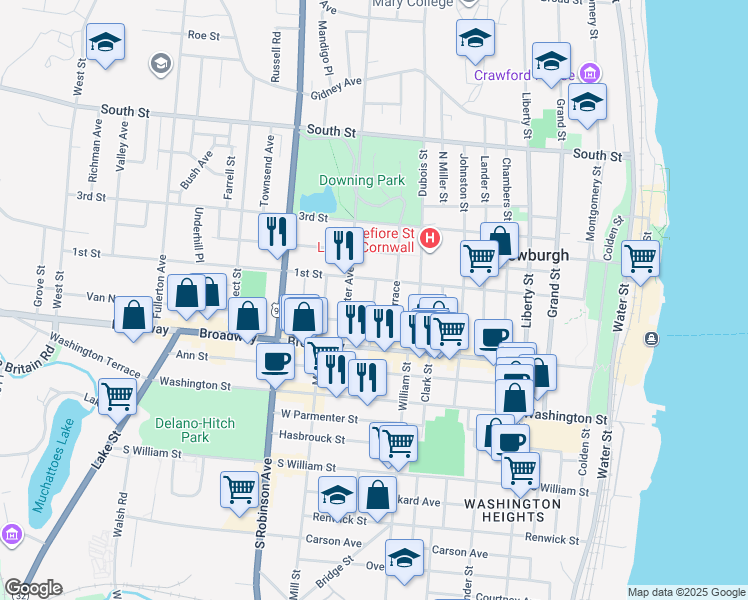 map of restaurants, bars, coffee shops, grocery stores, and more near 39 Lutheran Street in Newburgh