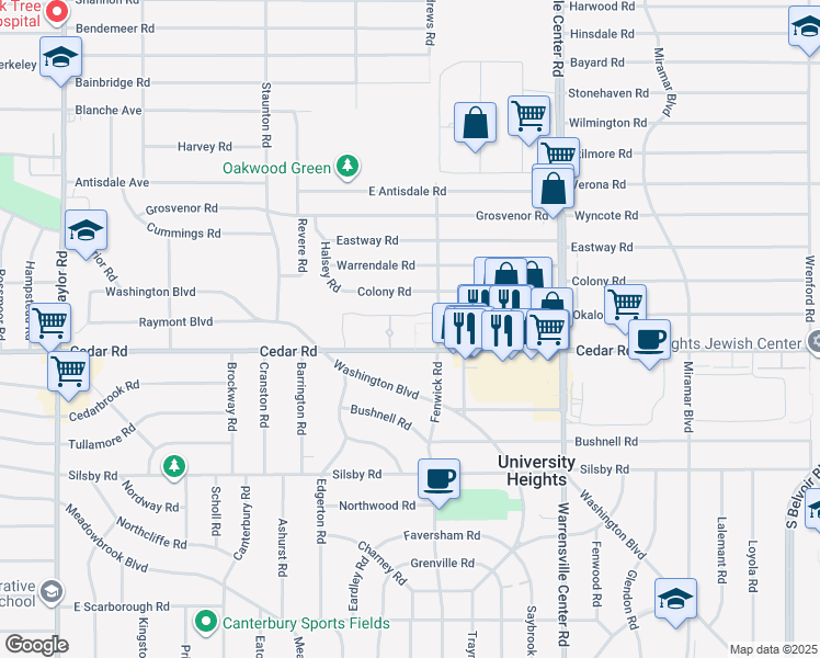 map of restaurants, bars, coffee shops, grocery stores, and more near 13805 Cedar Road in South Euclid