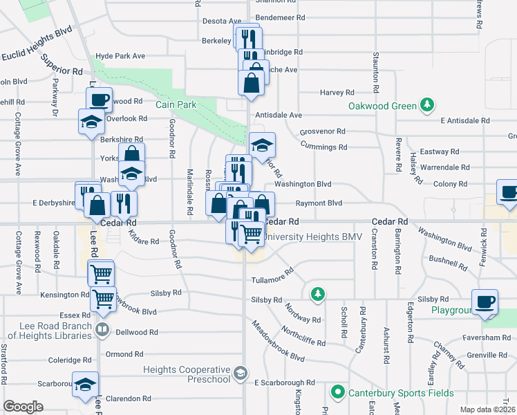 map of restaurants, bars, coffee shops, grocery stores, and more near 3478 Raymont Boulevard in University Heights