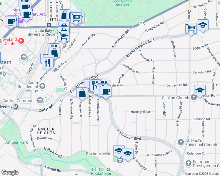map of restaurants, bars, coffee shops, grocery stores, and more near 2500 Derbyshire Road in Cleveland Heights