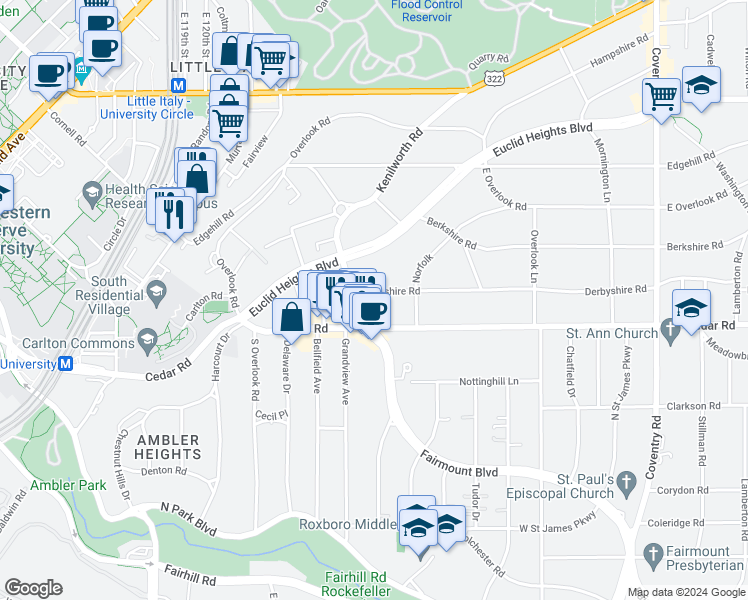 map of restaurants, bars, coffee shops, grocery stores, and more near in Cleveland Heights